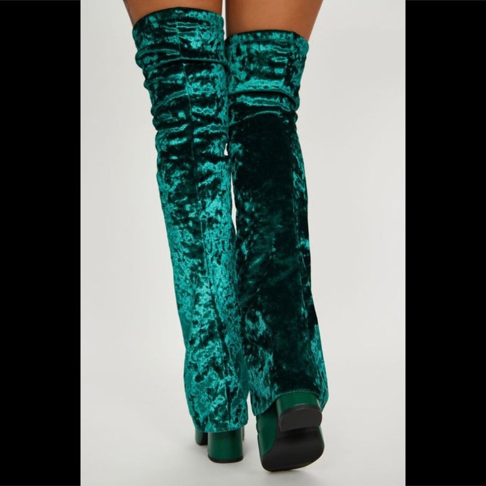 Good Will Unique Thigh High Emerald Velvet Fold over Chunky Heel Platform Boots - Picture 5 of 15